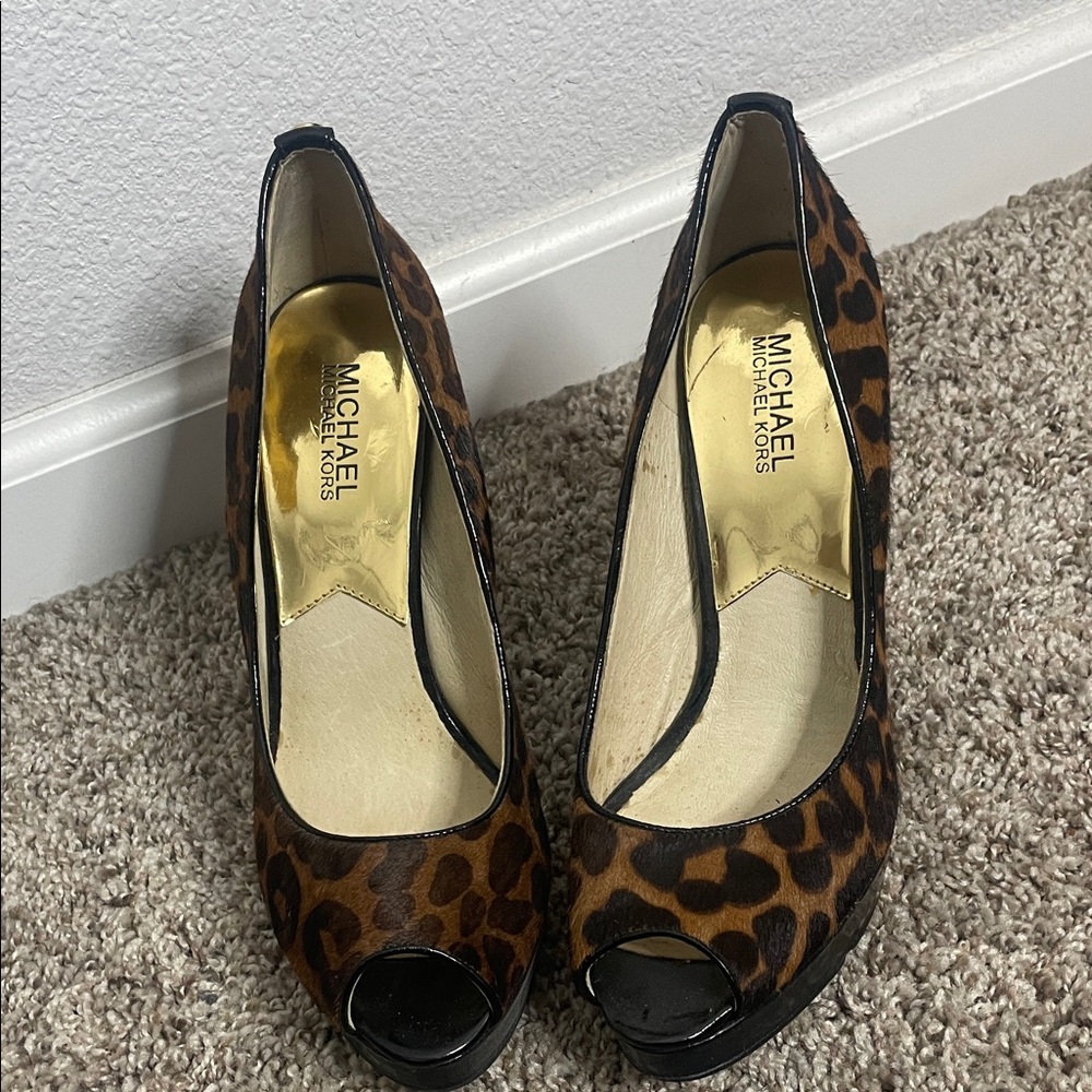 Michael Kors Brown Leopard Peep Toe Heels